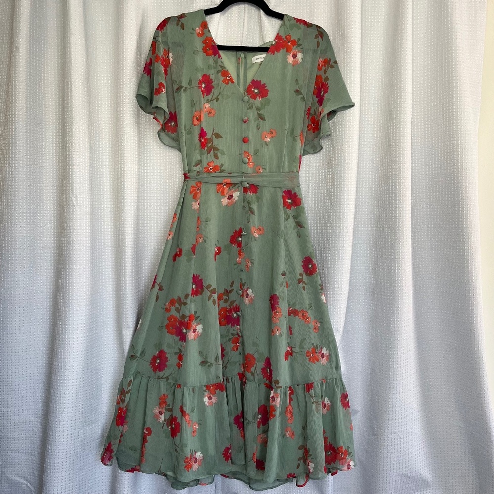 Calvin Klein Blue Sage Floral Ruffle V-Neck A-Line Midi Dress